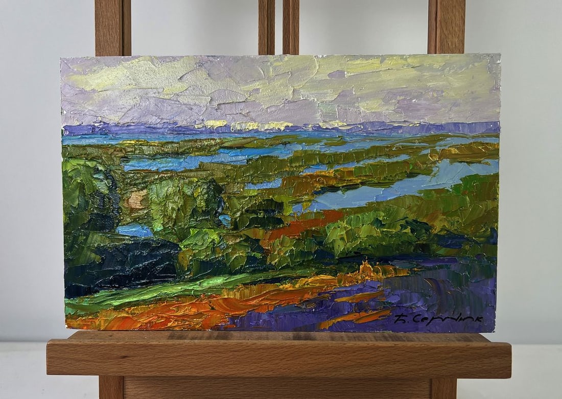 Oil painting Fishing on the lakes Boris Serdyuk: NoAAA5457The Oil painting on Cardboard titled "Fishing on the lakes" reveals a sweeping panorama of serene waters interwoven with lush vegetation, creating a landscape that feels both endless and