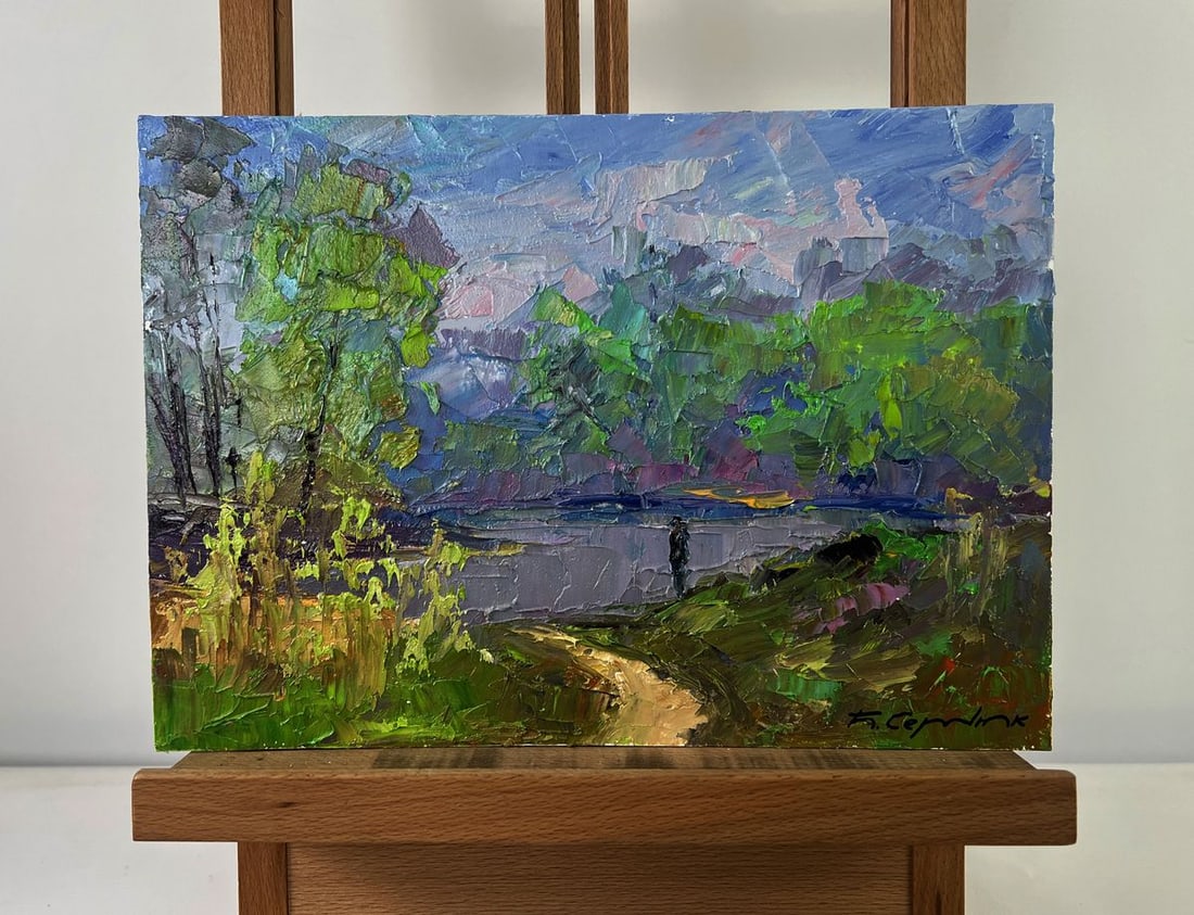 Oil painting Morning walk along the river Boris Serdyuk: NoAAA5460The Oil painting on Cardboard titled "Morning walk along the river" invites the viewer into a quiet, reflective moment suspended between the awakening of nature and the solitude of human pres