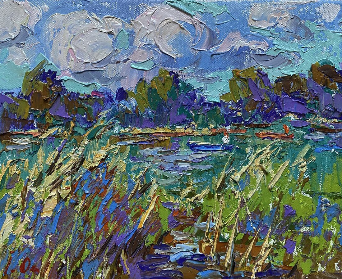 Oil painting Among the reeds Oleksiy Ivanyuk: NoKalen 1550The oil painting on Canvas titled "Among the Reeds" immerses the viewer into a richly textured and vividly colored waterscape, where the natural world reveals its serene complexity. With e