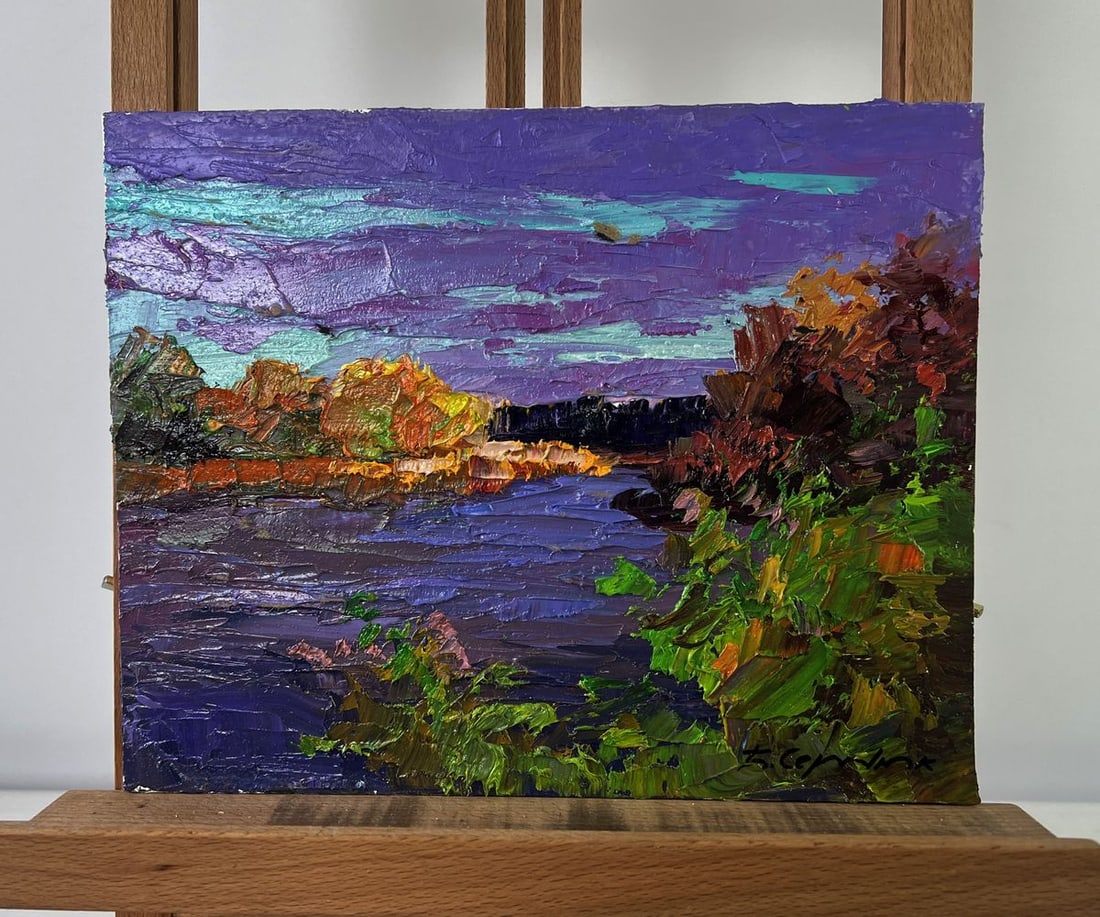 Oil painting Autumn colors in warm evening light Boris Serdyuk: NoAAA5463The Oil painting on Cardboard titled "Autumn colors in warm evening light" is a vivid celebration of nature's final crescendo before the quiet of winter sets in. Through thick, expressive bru