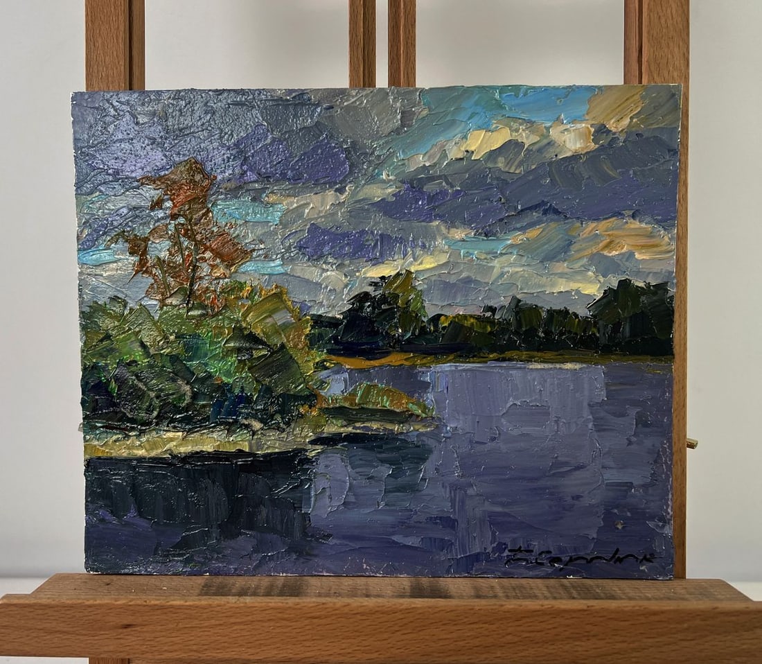 Oil painting A moment before the first drop of rain Boris Serdyuk: NoAAA5464The Oil painting on Cardboard titled "A moment before the first drop of rain" encapsulates the raw tension and stillness that nature holds in the fragile balance before a storm breaks. Execut