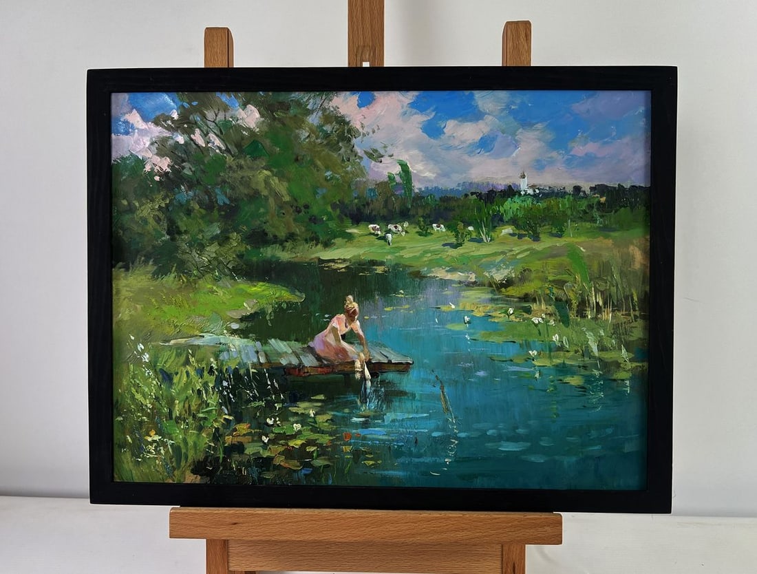Oil painting A girl washes herself at a pond Yuriy Suprunchuk: NoAAA5471The Oil painting on Cardboard titled "A girl washes herself at a pond" is a poetic and deeply evocative composition that reveals both the delicacy of human presence and the intangible beauty 
