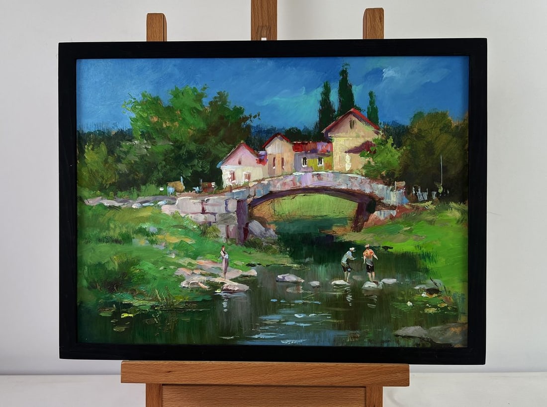 Oil painting Relaxing by the river on a summer day Yuriy Suprunchuk: NoAAA5474The Oil painting on Cardboard titled "Relaxing by the river on a summer day" captures the timeless beauty and serene rhythm of rural life, where the union of nature, architecture, and human p