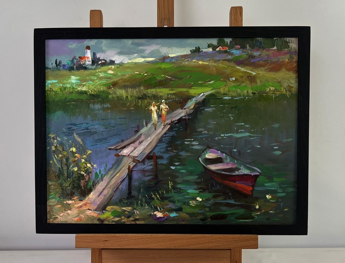 Oil painting Girls are walking by the river Yuriy Suprunchuk: NoAAA5477The Oil painting on Cardboard titled "Girls are walking by the river" captures a poetic and timeless moment, blending the innocence of rural life with the grandeur of nature's scenery. The co