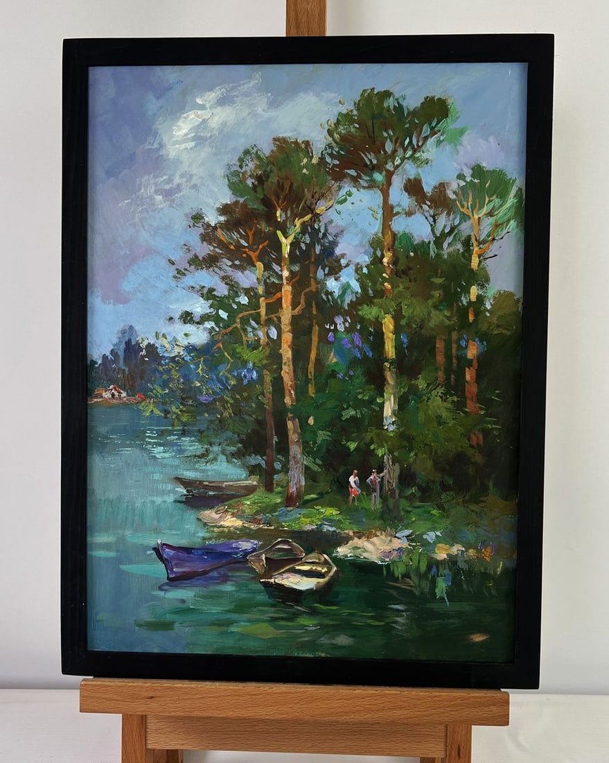 Oil painting Forest descending to the river banks Yuriy Suprunchuk: NoAAA5481The Oil painting on Cardboard titled "Forest Descending to the River Banks" is a deeply atmospheric work that conveys the meeting of land, water, and human presence in a harmony that feels bo