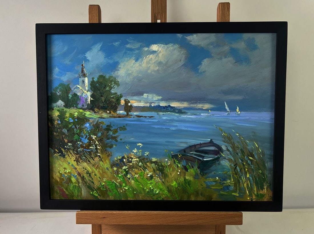 Oil painting A lonely boat on the river bank Yuriy Suprunchuk: NoAAA5492The Oil painting on Cardboard titled "A lonely boat on the river bank" presents a deeply atmospheric composition that captures the stillness of a river landscape infused with both solitude an