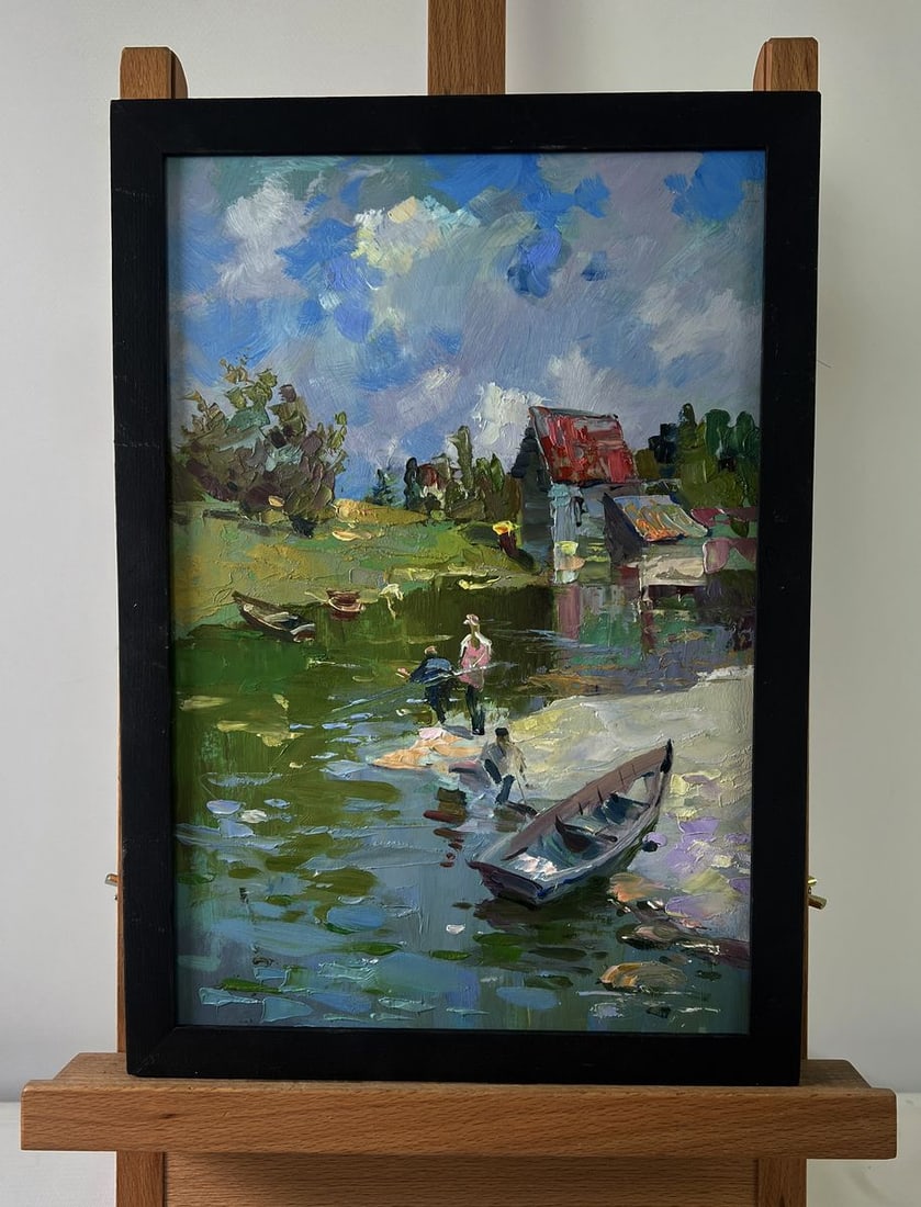 Oil painting Fishermen resting near the shore Yuriy Suprunchuk: NoAAA5495The Oil painting on Cardboard titled "Fishermen resting near the shore" offers a vivid and atmospheric portrayal of a quiet riverside scene that merges daily labor with an interlude of calm