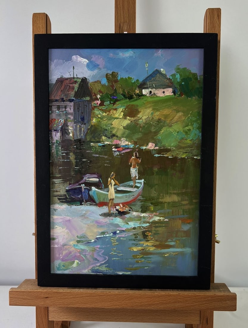 Oil painting Girls sailing in a boat Yuri Suprunchuk: NoAAA5506The Oil painting on Cardboard titled "Girls sailing in a boat" is a lyrical and colorful depiction of summer simplicity, where the harmony between human figures, water, and surrounding nature