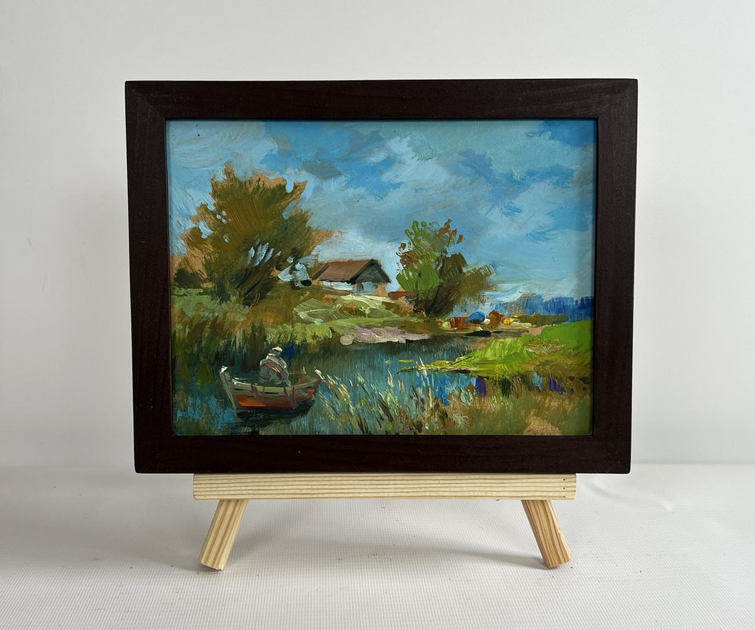 Oil painting I'm sailing home on a boat Yuriy Suprunchuk: NoAAA4343The painting "I'm Sailing Home on a Boat" evokes a sense of peace and nostalgia, portraying a quiet countryside scene where nature and human life blend harmoniously. The artist skillfully cap