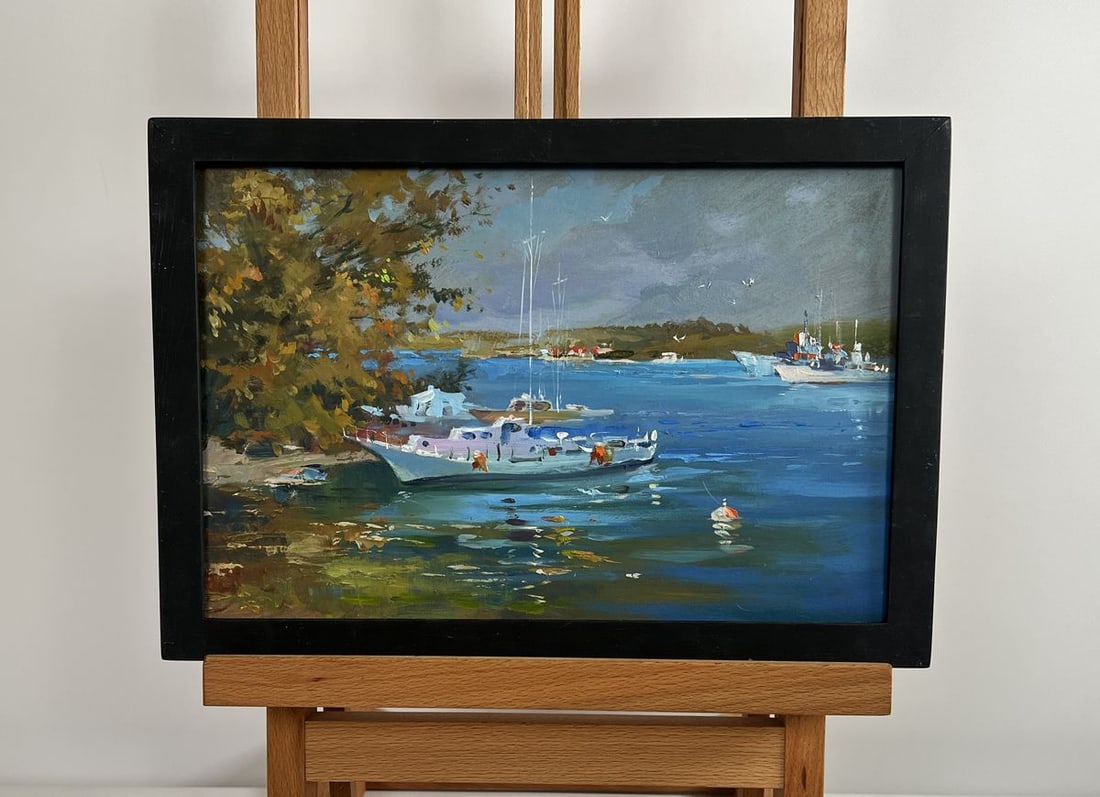 Oil painting A storm is coming Yuriy Suprunchuk: NoAAA4367The painting "A Storm is Coming" masterfully captures the tension between serenity and impending turmoil as the sky darkens over a peaceful harbor. The composition is rich with contrasts, bot