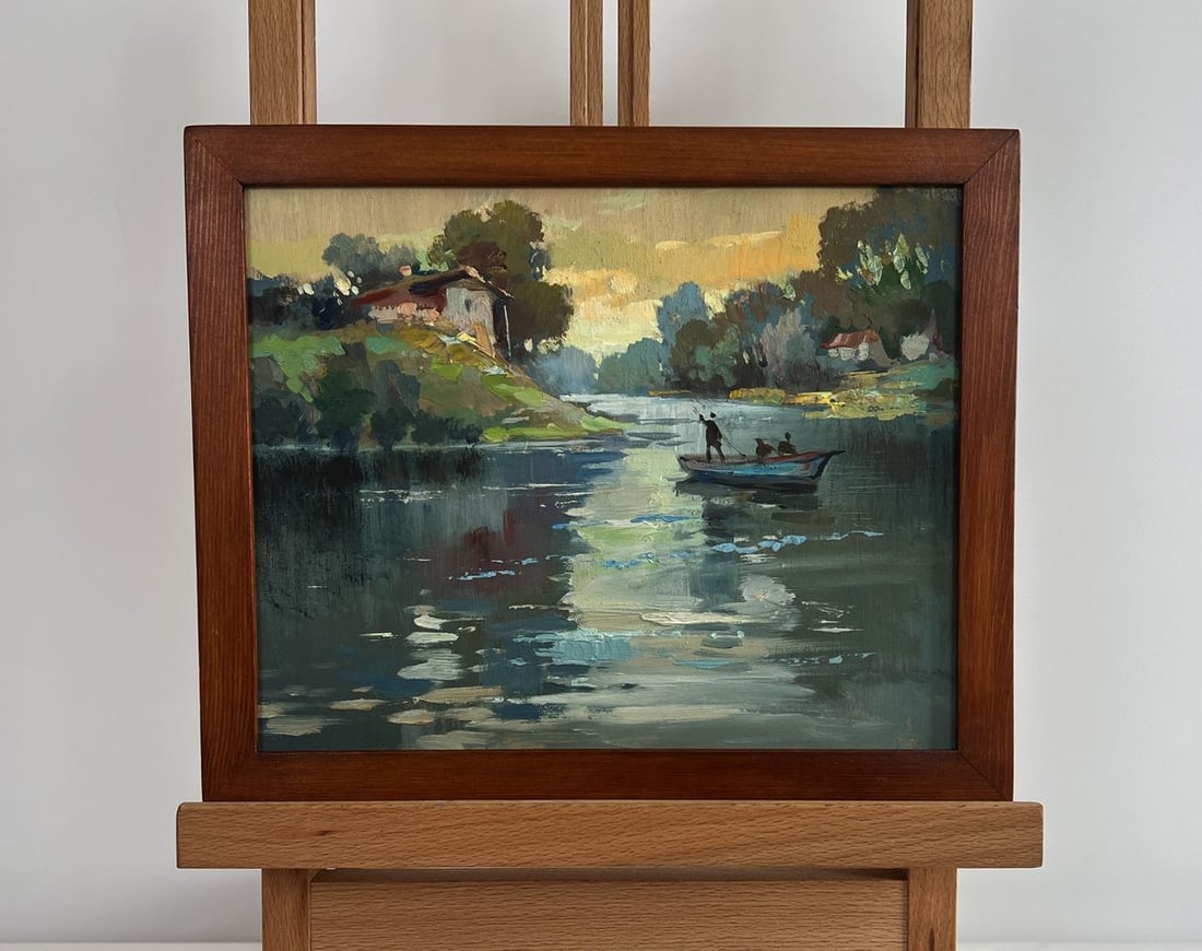 Oil painting Love and the reflection of the sun Yuriy Suprunchuk: NoAAA4385The painting "Love and the Reflection of the Sun" captures a tranquil river scene bathed in the warm, golden glow of a setting sun. The composition is built around a small boat gliding