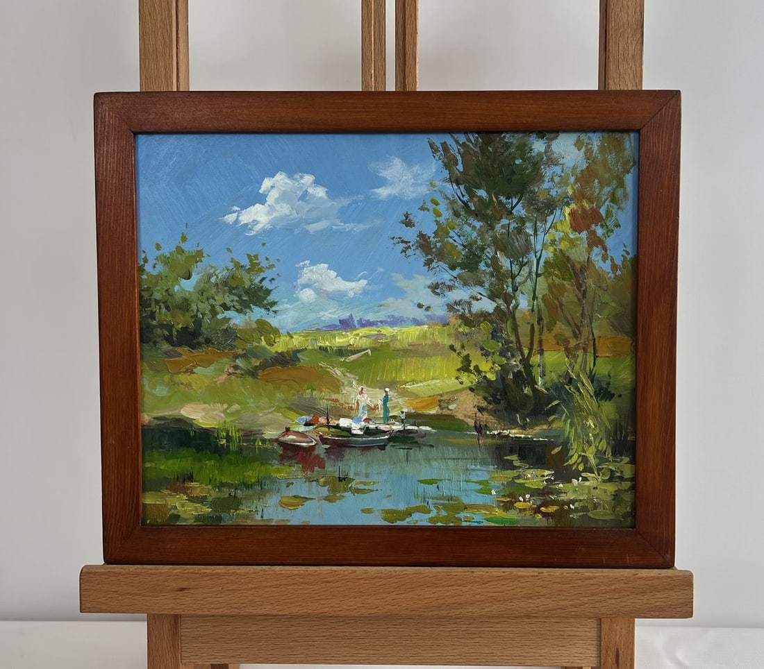 Oil painting Take a swim in a summer lake Yuriy Suprunchuk: NoAAA4386The painting "Take a Swim in a Summer Lake" captures the essence of a peaceful summer day, where nature, water, and human presence harmoniously blend into a scene filled with warmth and seren