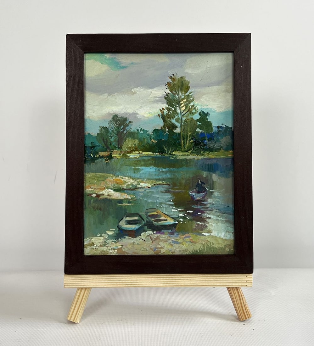 Oil painting River in the forest thicket Yuriy Suprunchuk: NoAAA4406The painting "River in the Forest Thicket" beautifully captures the serene and timeless essence of a secluded riverbank, where nature flourishes in peaceful solitude. The composition