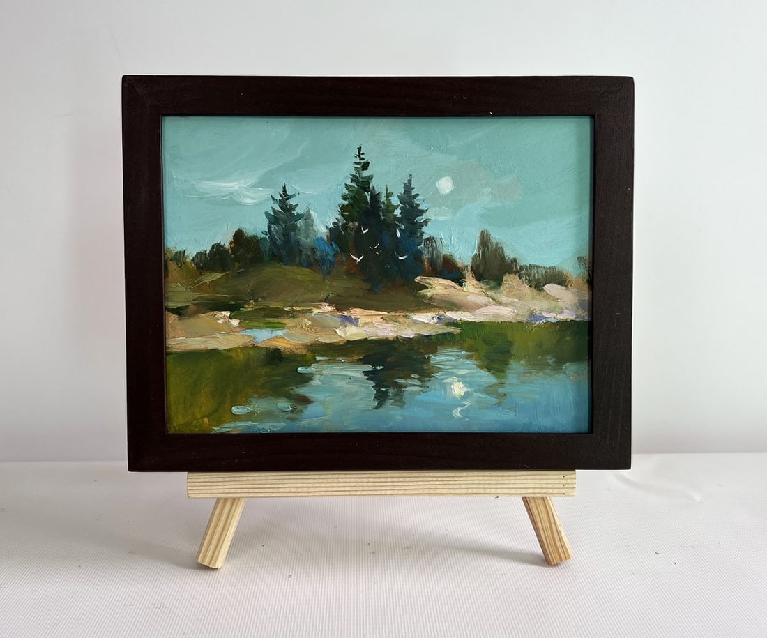 Oil painting Forest in the reflection of the river Yuriy Suprunchuk: NoAAA4428The painting "Forest in the Reflection of the River" captures a serene and harmonious moment in nature, where the calm waters of the river mirror the beauty of the surrounding landscape. The 