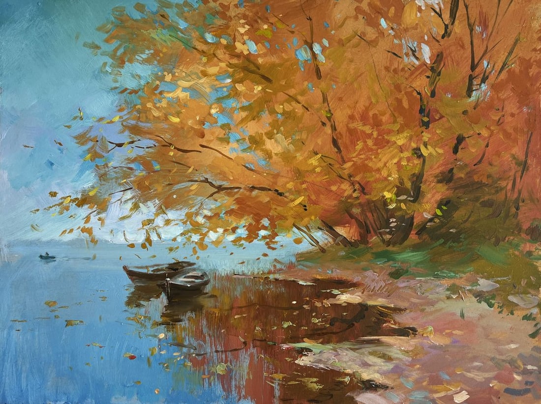 Oil painting Whisper of autumn leaves by the river Yuriy Suprunchuk - 3