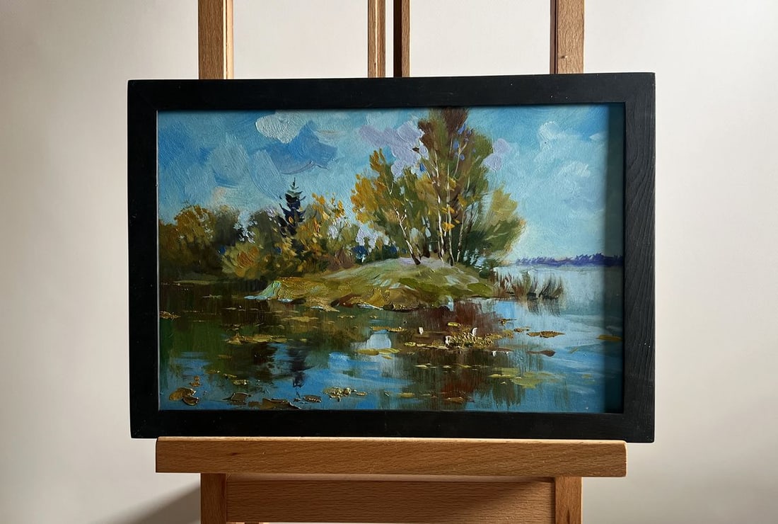 Oil painting The river washes the forest Yuriy Suprunchuk: NoAAA4197The painting titled "The river washes the forest" is a captivating depiction of nature's harmony, where land and water seamlessly blend into one another. The artist skillfully captures the be