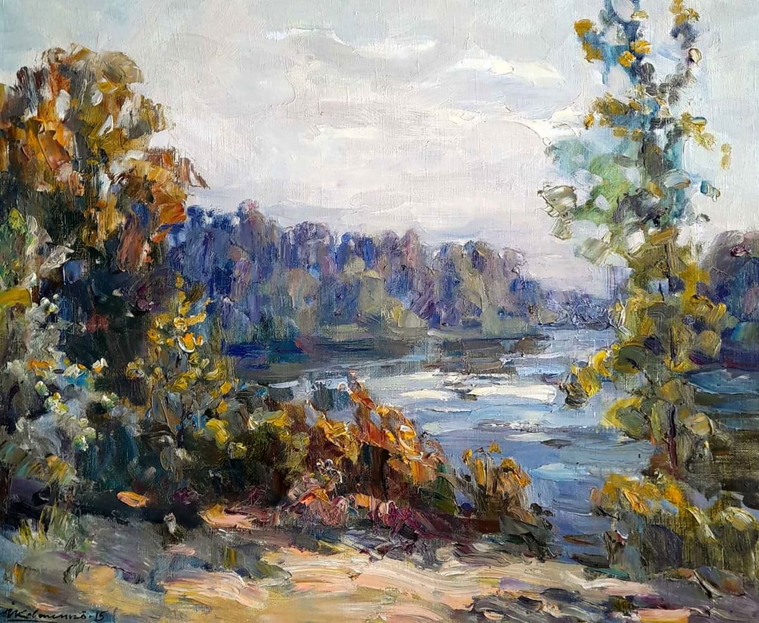 Oil painting Near the river Ivan Kovalenko: NoKoval 206The painting "Near the River" by Ukrainian artist Kovalenko Ivan presents a tranquil landscape, with a peaceful river winding through the scene. The surrounding trees and foliage, depicted 