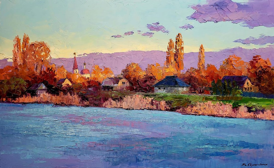 Oil painting Behind the river Boris Serdyuk: NoSERB 1085"Behind the River" is a stunning oil painting that captures the serene beauty of a village landscape bathed in the warm, golden light of sunset. The artist uses a vibrant palette and