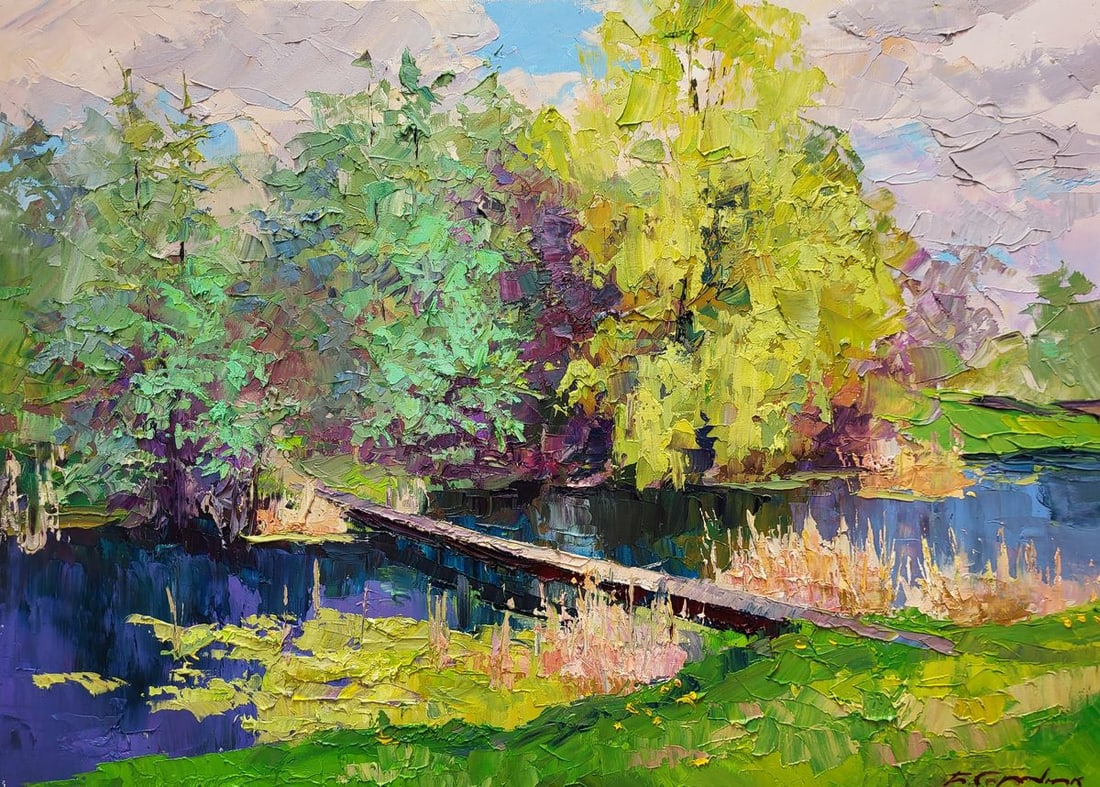 Oil painting Bridge Boris Serdyuk: NoSERB 1087"Bridge" is an evocative oil painting that transports the viewer to a serene and picturesque natural setting. The artist masterfully employs a vibrant and diverse color palette, capturing t