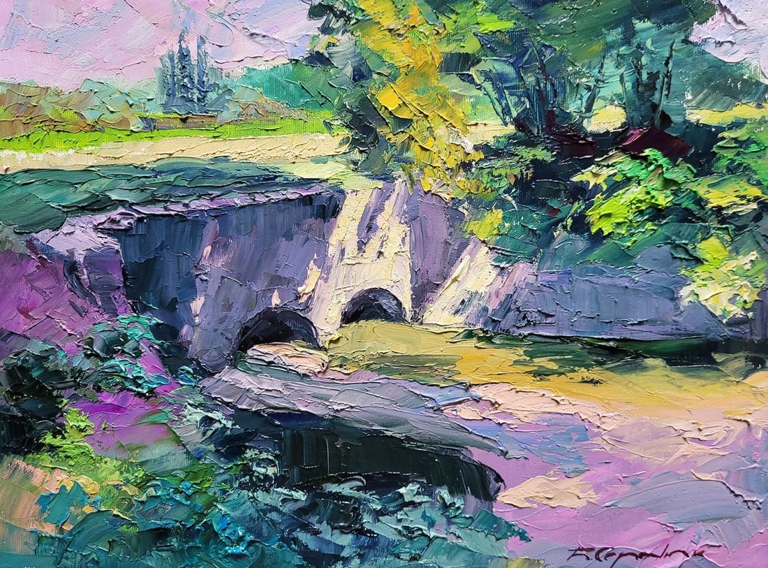 Oil painting Dam Boris Serdyuk: NoSERB 1112The painting titled "Dam" depicts a peaceful countryside scene featuring a stone dam with two archways that allow water to flow underneath. The dam, painted in soft shades of gray, purple,