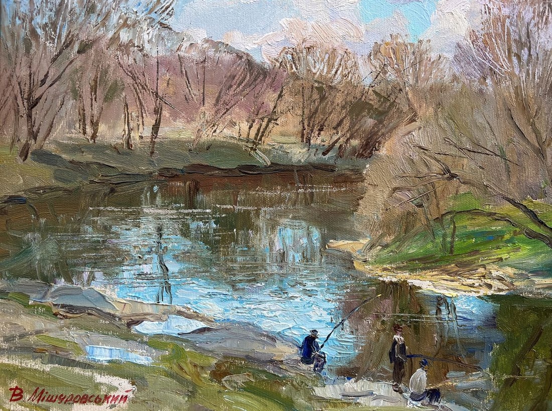 Oil painting April on the river V. Mishurovsky: No246"April on the River" by Viktor Myshurovsky is a beautiful depiction of the tranquility and renewal that comes with spring. The painting shows a serene riverside scene where a few individuals are