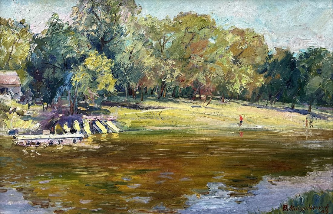 Oil painting In the summer park V. Mishurovsky: No262"In the Summer Park" by Viktor Myshurovsky captures the serene beauty of a warm, sunlit day in a verdant park. The painting is dominated by lush green trees, their leaves thick and vibrant, casti