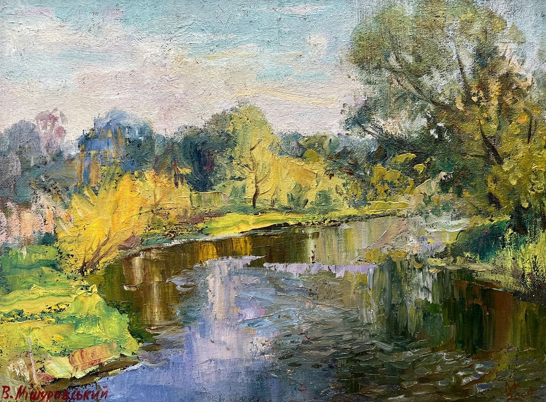Oil painting Summer morning by the river V. Mishurovsky: No280"Summer Morning by the River" by Viktor Myshurovsky captures the serene and tranquil beauty of a summer morning along a peaceful riverbank. The painting is bathed in warm, golden light,