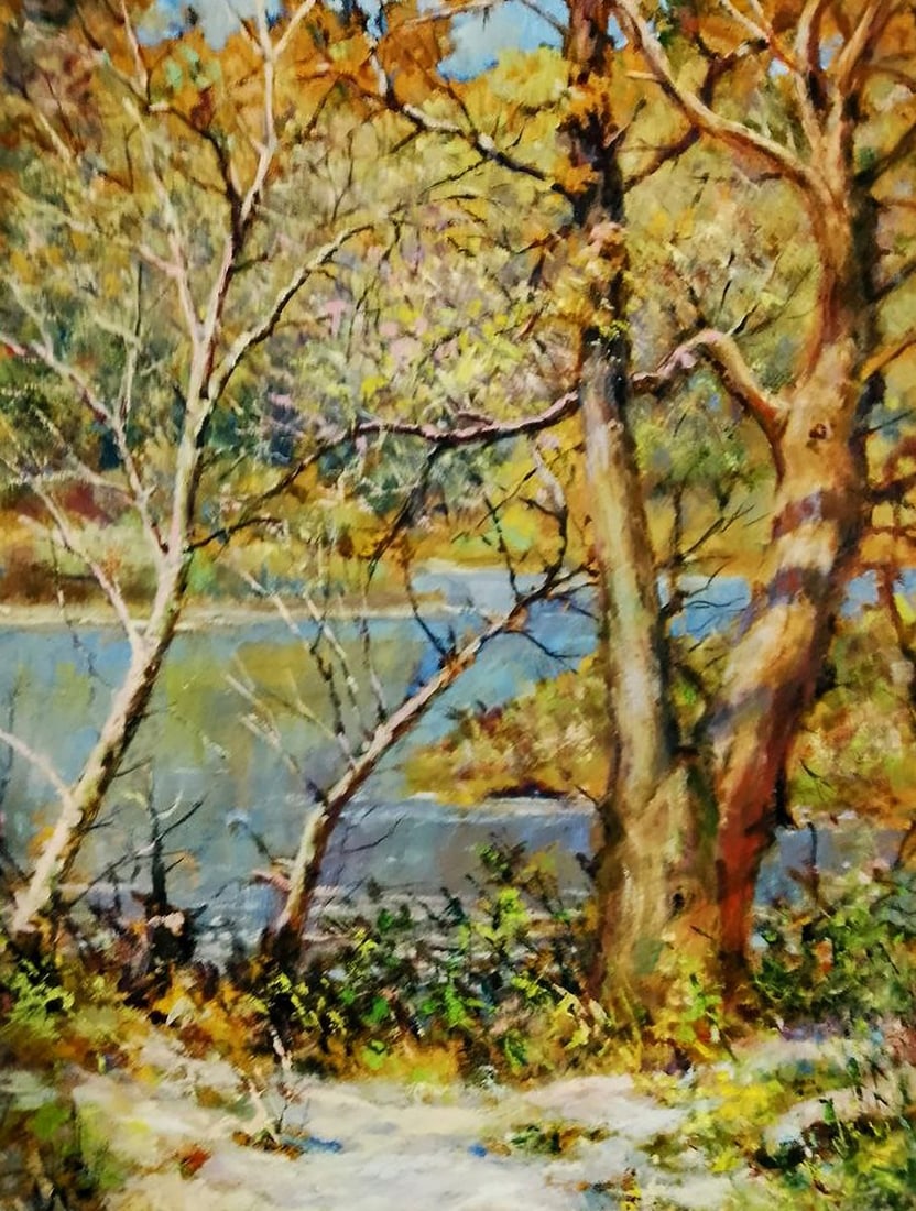 Oil painting River in the autumn forest Vitaly Duhnevich: NoDuhn 40"River in the Autumn Forest" by Vitaly Duhnevich beautifully captures the quiet charm of nature during its golden transformation. The composition is filled with warm amber, ochre, and golden 