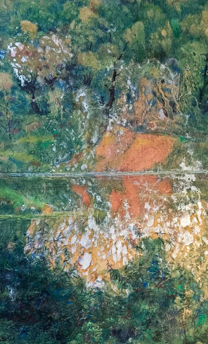 Oil painting Drops of the river Vitaly Duhnevich: NoDuhn 49"Drops of the River" by Vitaly Duhnevich is a masterful exploration of nature's reflection and movement. In this original work, Duhnevich captures a serene riverscape where the vibrant greene