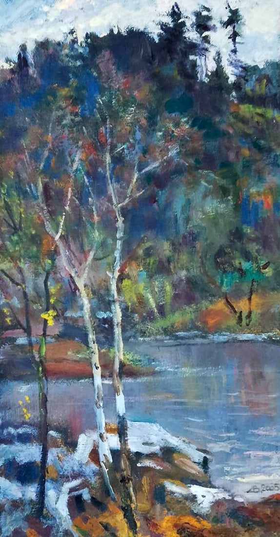 Oil painting Sounds of nature Vitaly Duhnevich: NoDuhn 55"Sounds of Nature" by Vitaly Duhnevich is a vivid tribute to the harmony between land, water, and sky. In this luminous painting, slender white birches stand near a calm river, surrounded by 