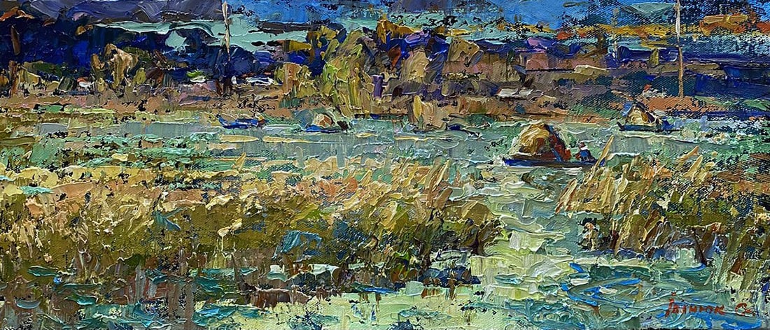 Oil painting Waterworks Alex Kalenyuk: NoKalen 1400The painting "Waterworks" presents a serene riverscape or wetland scene, rich in earthy tones and cool blues. The artwork captures the essence of nature's peaceful yet dynamic interplay