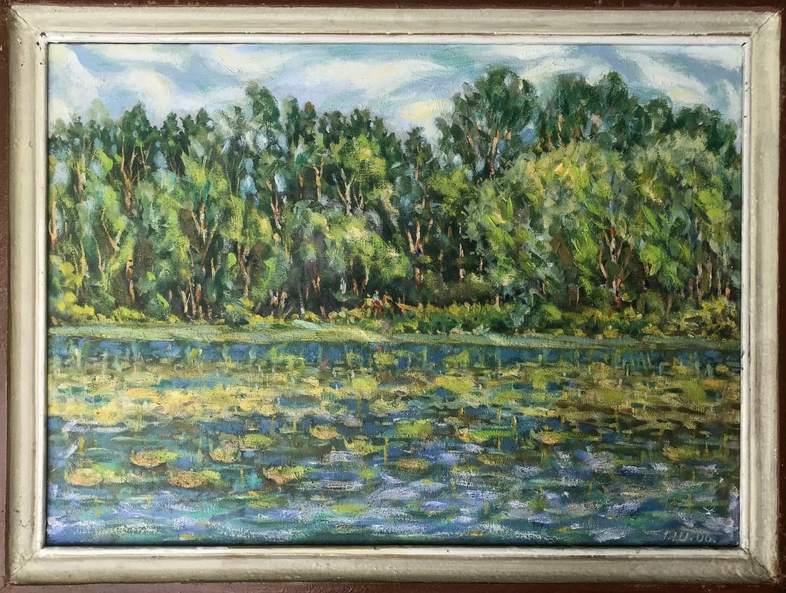 Oil painting A corner of the picturesque Sumy region Shapoval Ivan Leontyevich: NoAAA2985"A Corner of the Picturesque Sumy Region" is an enchanting oil painting that captures the serene beauty of a landscape. The artist has skillfully depicted a tranquil river, flowing gracefully