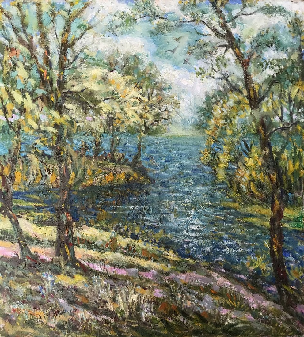 Oil painting A river flows Shapoval Ivan Leontyevich: NoAAA2996"The River Is Flowing" is an enchanting oil painting that captures the serenity and beauty of a river flowing through a forested landscape. The artist skillfully portrays this captivating sce