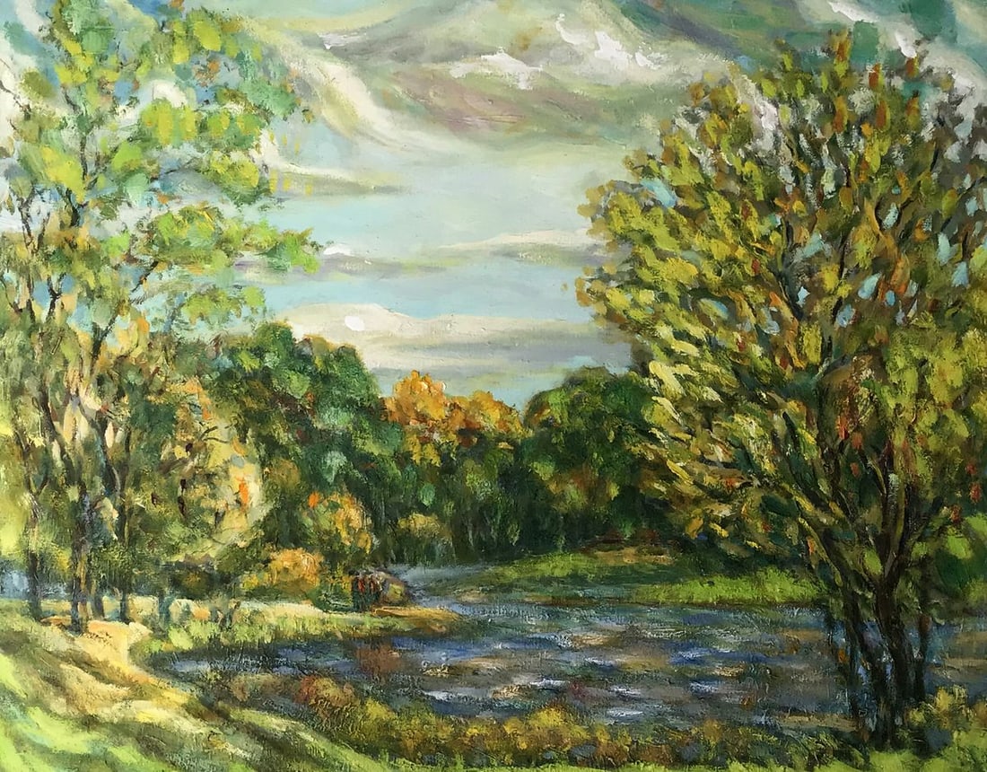 Oil painting Basa tract Shapoval Ivan Leontyevich: NoAAA3027"Bassa Tract" is an enchanting oil painting that beautifully captures the serenity of a river nestled within a lush forest landscape. Created with masterful brushstrokes and an exquisite blen