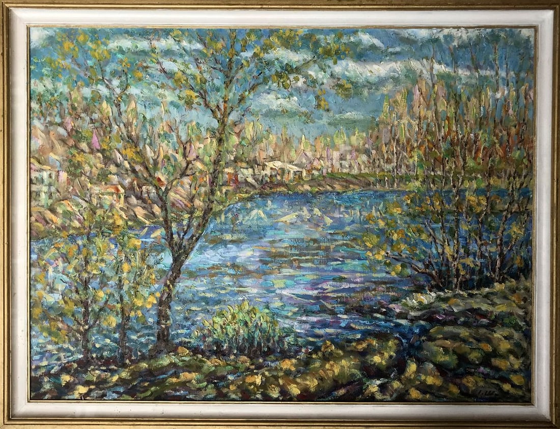 Oil painting Spring is coming Shapoval Ivan Leontyevich: NoAAA3028"Spring is Coming" is a captivating oil painting that beautifully captures the essence of nature's renewal. This magnificent landscape scene presents a serene river nestled within a vibrant f