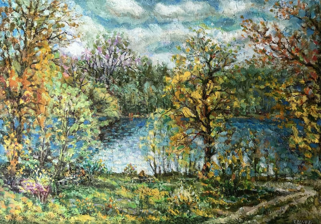 Oil painting Trostyanets Shapoval Ivan Leontyevich: NoAAA3030"Trostyanets" is a captivating oil painting that beautifully captures the essence of a serene landscape. The scene unfolds with a meandering river flowing gracefully through a lush forest, in
