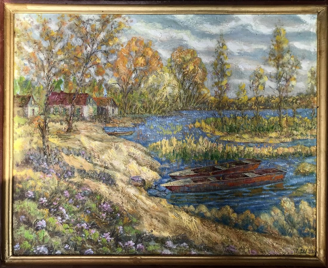 Oil painting Boats Shapoval Ivan Leontyevich: NoAAA3037"Boats" is a captivating oil painting that beautifully captures the essence of an autumn landscape. The scene unfolds with a serene river flowing gracefully on the right side of the canvas. T