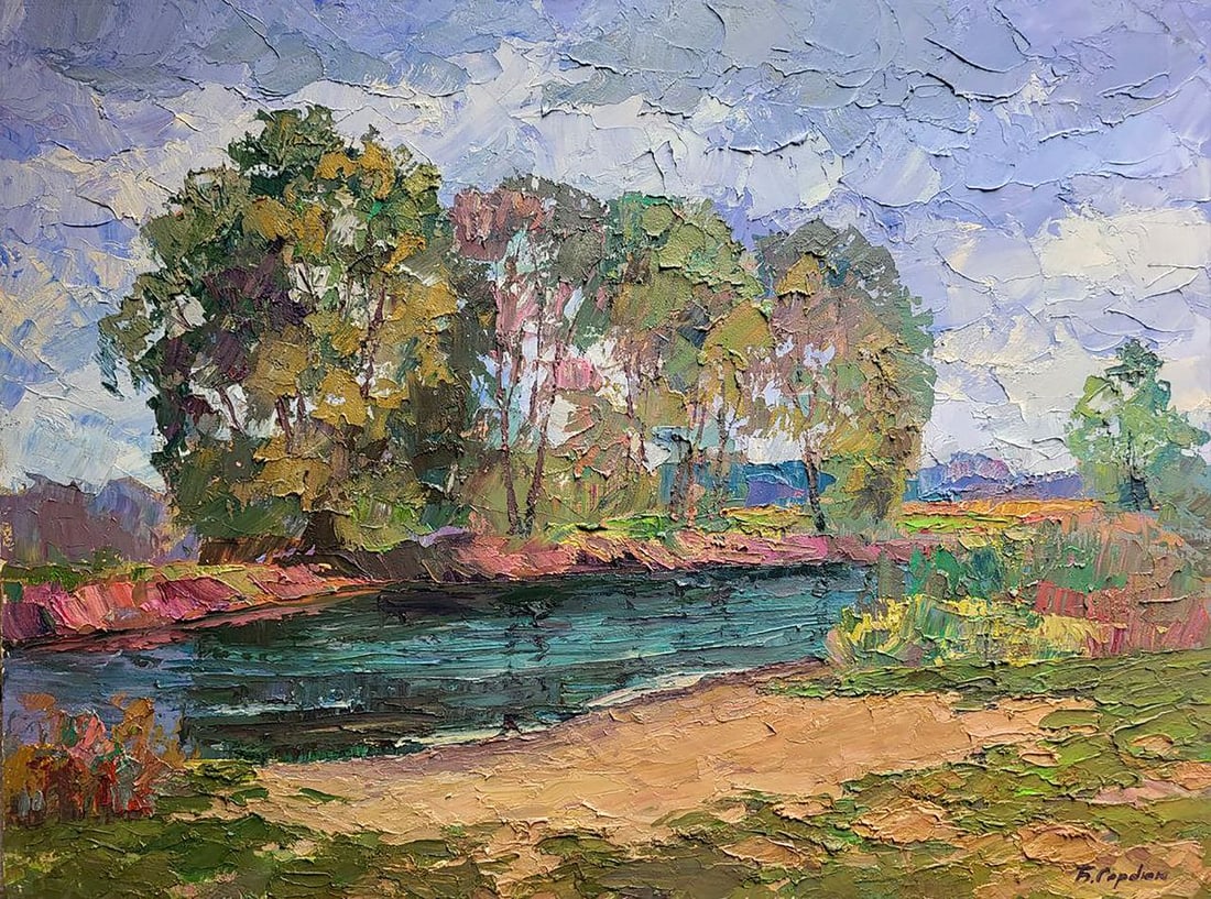Oil painting Bad weather Serdyuk Boris Petrovich: NoSERB 893"Bad Weather" is an oil painting that captures the essence of a summer landscape amidst an impending storm. The scene unveils a picturesque riverbank, vibrant with lush greenery, serving as