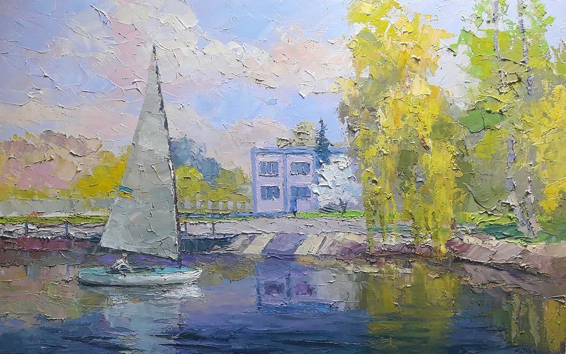 Oil painting Yacht club Serdyuk Boris Petrovich: NoSERB 903"Yacht Club" is a mesmerizing oil painting capturing the essence of a tranquil summer landscape. The composition gracefully unfolds with a vibrant foreground, where a meandering river takes 