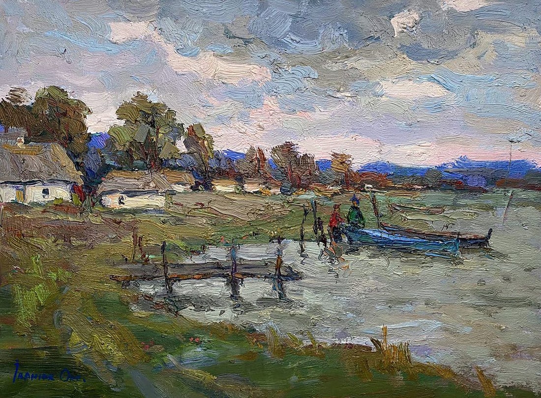 Oil painting Edge of the lake Kalenyuk Oksana: NoKalen 1203"Edge of the Lake" is an evocative oil painting that immerses viewers in a serene lakeside setting, where nature and human activity intertwine harmoniously. With an adept use of the impast