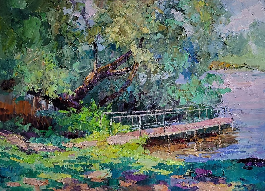 Oil painting A fallen poplar Serdyuk Boris Petrovich: NoSERB 926In "The Fallen Poplar," a masterful oil painting that captures nature's delicate balance between strength and vulnerability, the viewer is transported to a serene and enchanting landscape. T
