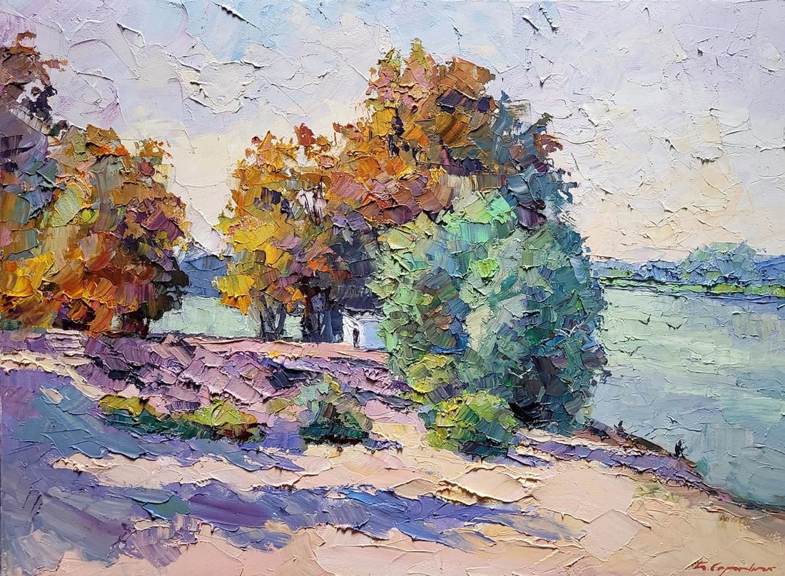 Oil painting On the Dnieper Serdyuk Boris Petrovich: NoSERB 991"On the Dnieper" is a textured oil painting that eloquently captures the scenic beauty along the banks of the Dnieper River. This artwork is a symphony of color and technique, showcasing a m