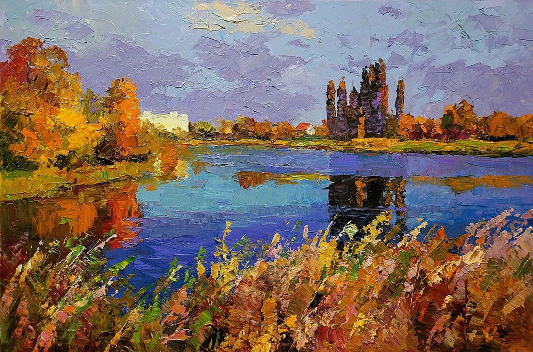 Oil painting Autumn on the river Boris Serdyuk: NoSERB 1029This painting depicts an autumn landscape. The picturesque scene is covered in a colorful spectrum of autumn colors, from golds and ambers to rich reds and oranges. The trees' foliage, spre