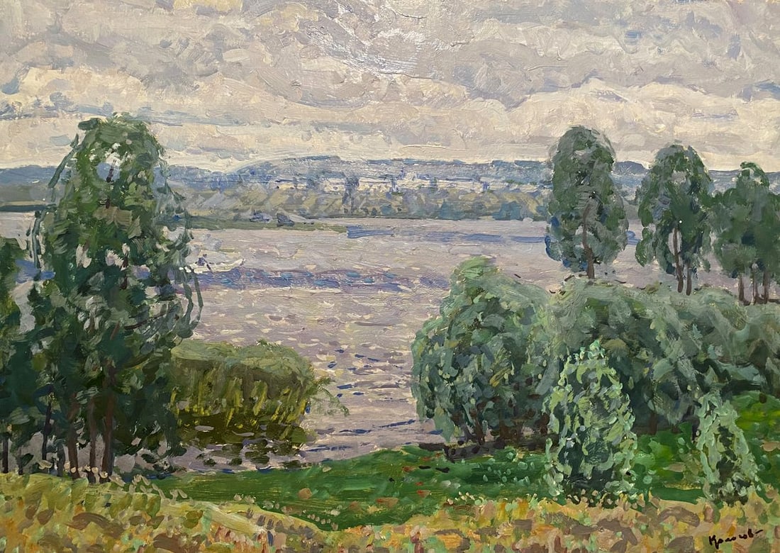Oil painting Dnieper Bay Georgy Kolosovsky: NoGS 364*** ABOUT THIS PAINTING **** TITLE: "Dnieper Bay"* ARTISTS: Georgy Kolosovsky* SIZE: 50x70 cm/'19.68x27.55 inches'* MEDIUM: oil, cardboard* HAND PAINTED: Original painting from our collection*