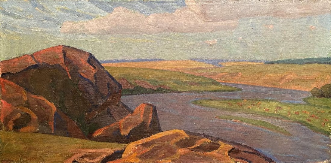 Oil painting River view Nikolai Hrustalenko: NoGS 375*** ABOUT THIS PAINTING **** TITLE: "River view"* ARTISTS: Nikolai Hrustalenko * SIZE: 33x65 cm/'12.99x25.59 inches'* MEDIUM: oil, canvas* HAND PAINTED: Original painting from our collection* 