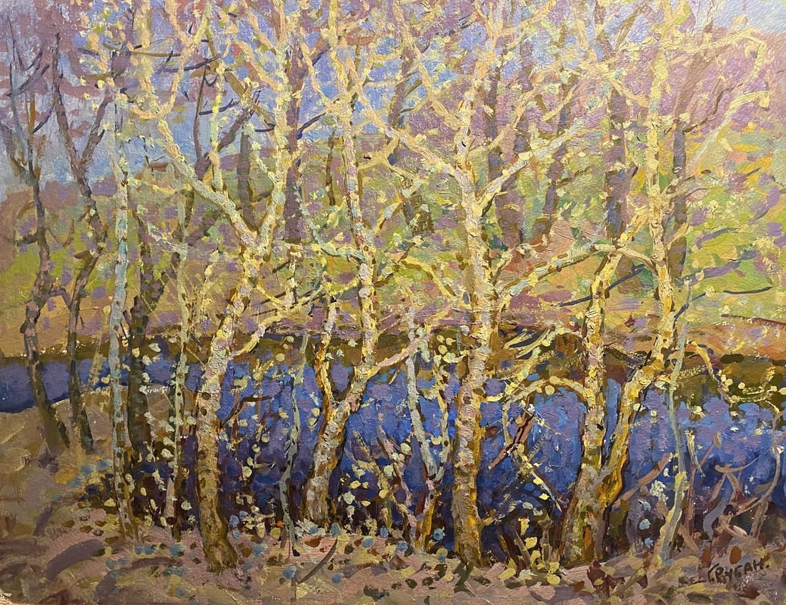 Oil painting April Awakening Grigoriy Ruban: NoGS 409*** ABOUT THIS PAINTING **** TITLE: "April Awakening"* ARTISTS: Grigoriy Ruban* SIZE: 47x61 cm/'18.50x24.01 inches'* MEDIUM: oil, cardboard* HAND PAINTED: Original painting from our collection