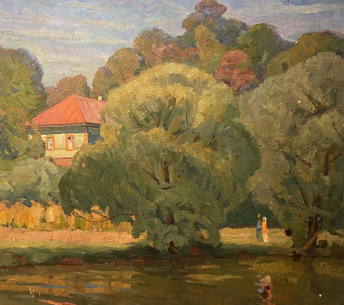 Oil painting Walk near the river Nikolai Bortnikov: NoGS 435*** ABOUT THIS PAINTING **** TITLE: "Walk near the river"* ARTISTS: Nikolai Hrustalenko * SIZE: 50x55 cm/'19.68x21.65 inches'* MEDIUM: oil, cardboard* HAND PAINTED: Original painting from our