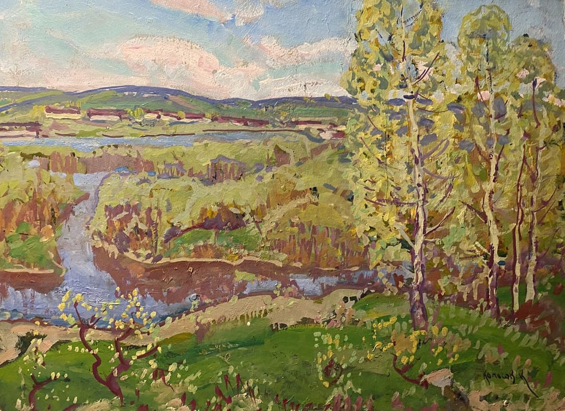Oil painting Evening Georgy Kolosovsky: NoGS 446*** ABOUT THIS PAINTING **** TITLE: "Evening"* ARTISTS: Georgy Kolosovsky* SIZE: 46x60 cm/'18.11x23.62 inches'* MEDIUM: oil, cardboard* HAND PAINTED: Original painting from our collection* CON