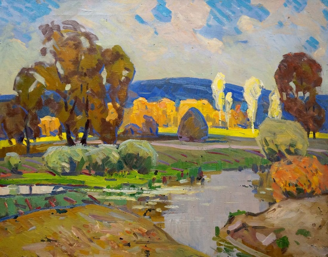 Oil painting Autumn landscape Tyukha Ivan Andreevich: NoVerns 901 *** ABOUT THIS PAINTING *** * TITLE: "Autumn landscape" * ARTISTS: Tyukha Ivan Andreevich * SIZE: 55x69 cm/'21.65x27.16 inches' * MEDIUM: oil, canvas * HAND PAINTED: Original painting from