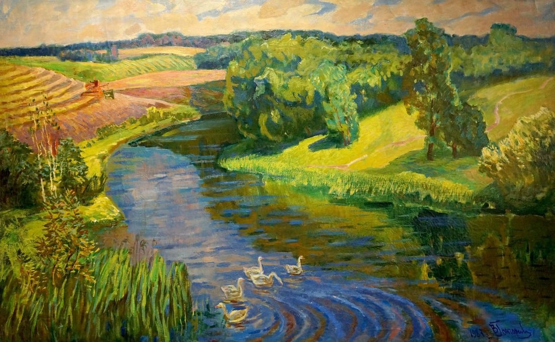 Oil painting River landscape: NoVerns 922 *** ABOUT THIS PAINTING *** * TITLE: "River landscape" * ARTISTS: Unknown artist * SIZE: 99x160 cm/'38.97x62.99 inches' * MEDIUM: oil, canvas * HAND PAINTED: Original painting from our col